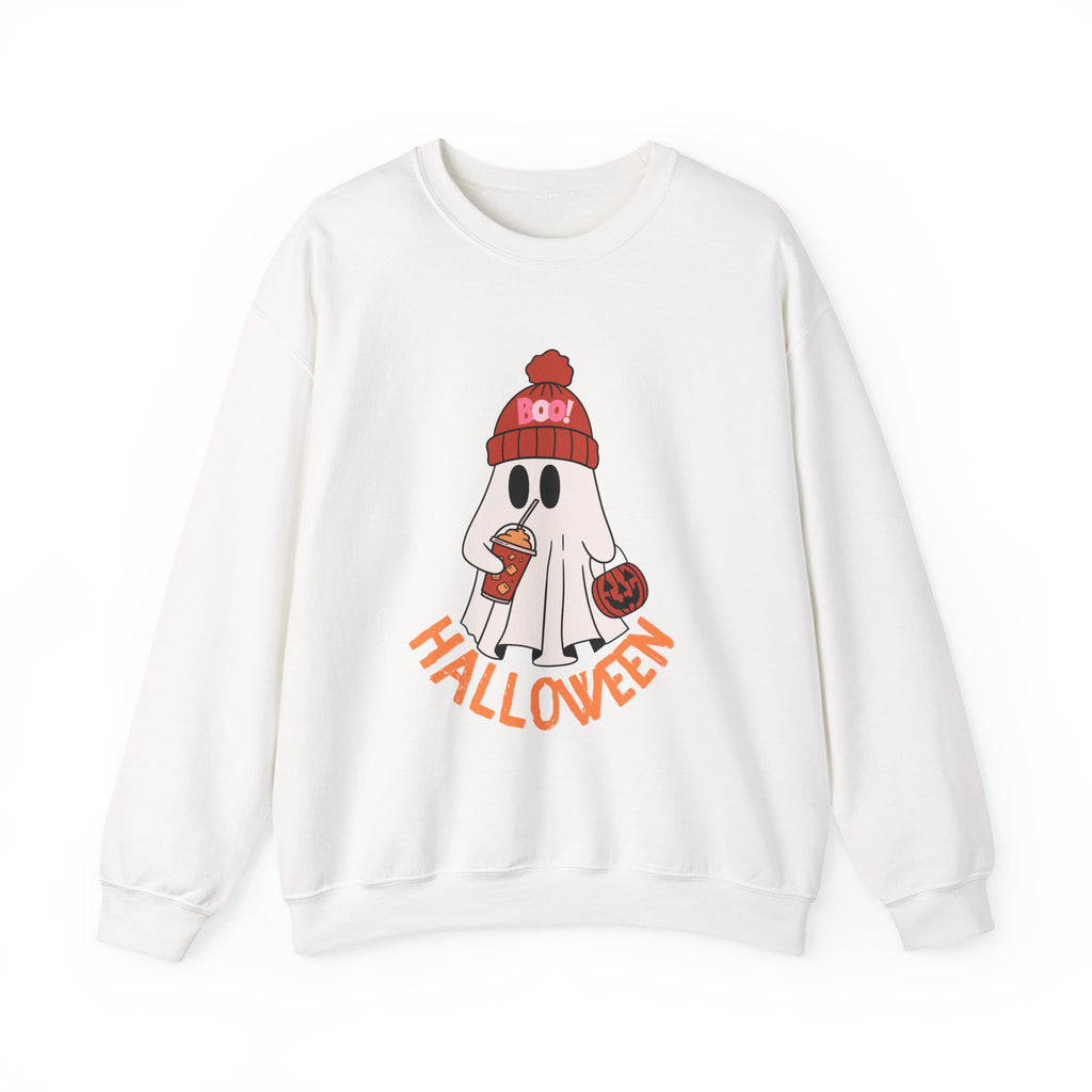 Cute Ghost wearing BOO beanie with iced coffee and trick or treat pumpkin Halloween Sweatshirt
