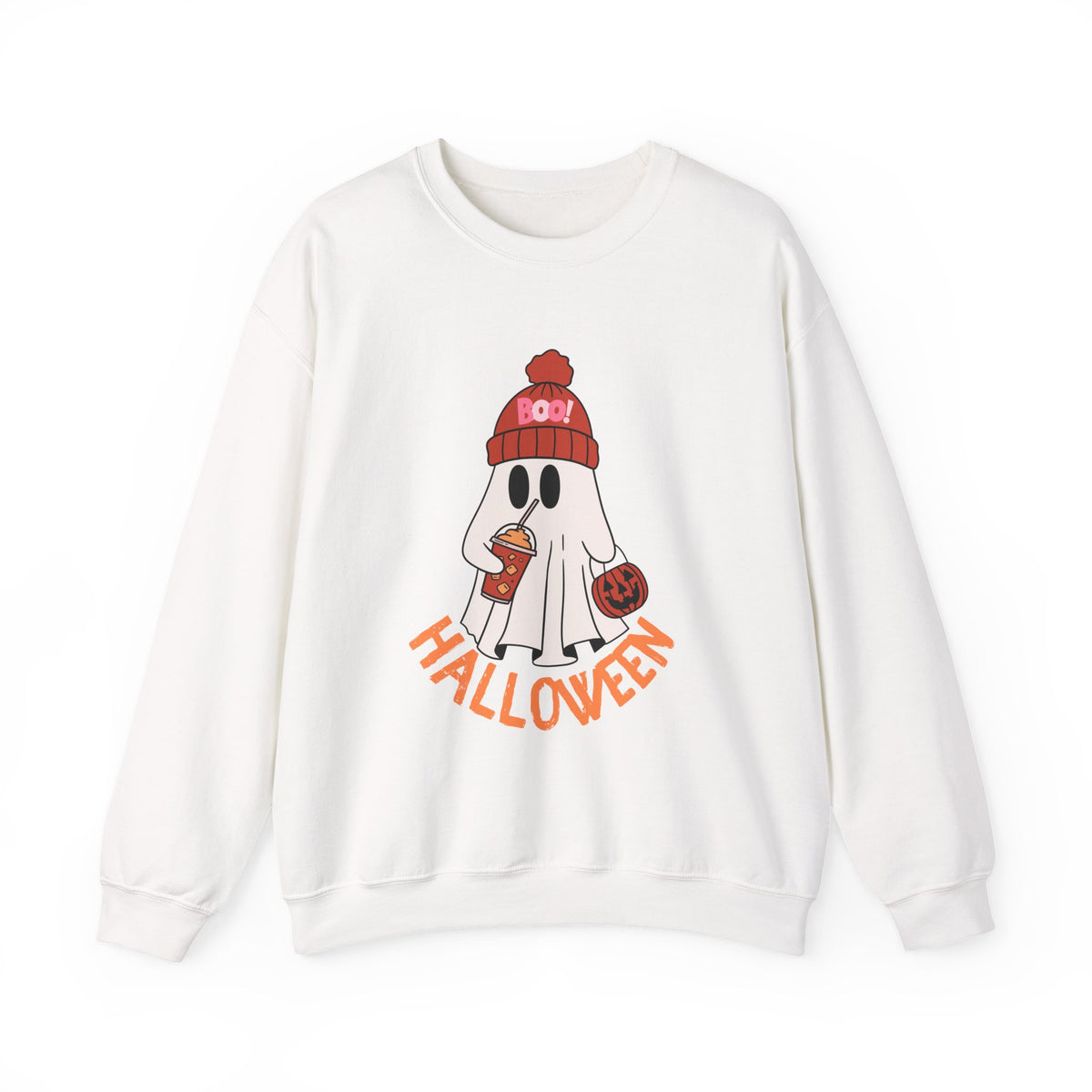 Cute Ghost wearing BOO beanie with iced coffee and trick or treat pumpkin Halloween Sweatshirt