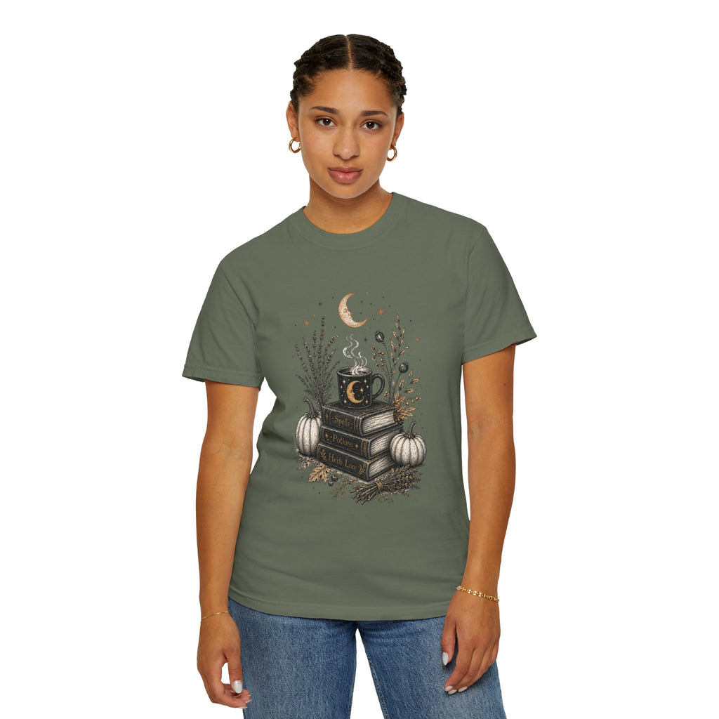 Cozy Fall Book Stack with Moon Coffee Mug T-shirt | Autumn Pumpkin Floral