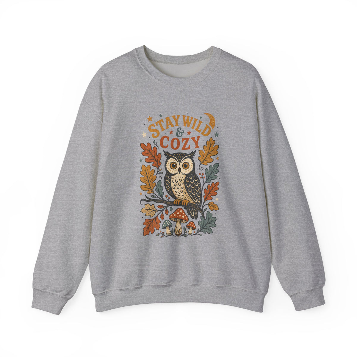 Stay Wild & Cozy Owl Sweatshirt | Autumn Leaves, Mushrooms