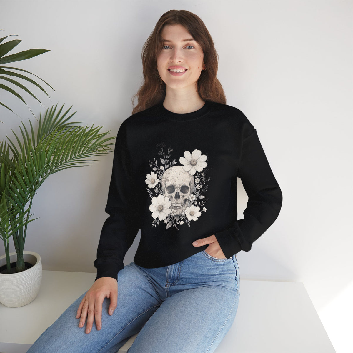 Moody Edgy Floral Skull Crewneck Sweatshirt | Botanical Skull Design Gothic Halloween Dark Romantic