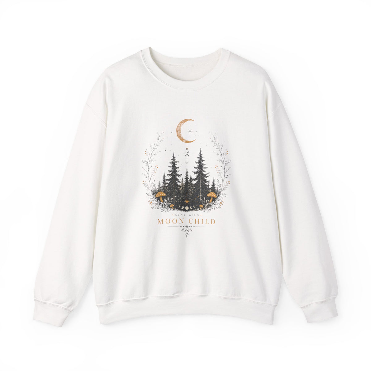 Moon Child forest moon sweatshirt | woodland trees mushrooms crescent moon