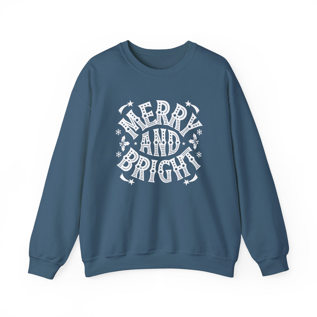 Christmas Sweatshirt Merry and Bright | Vintage Style Typography Holiday Crewneck Snowflakes Stars