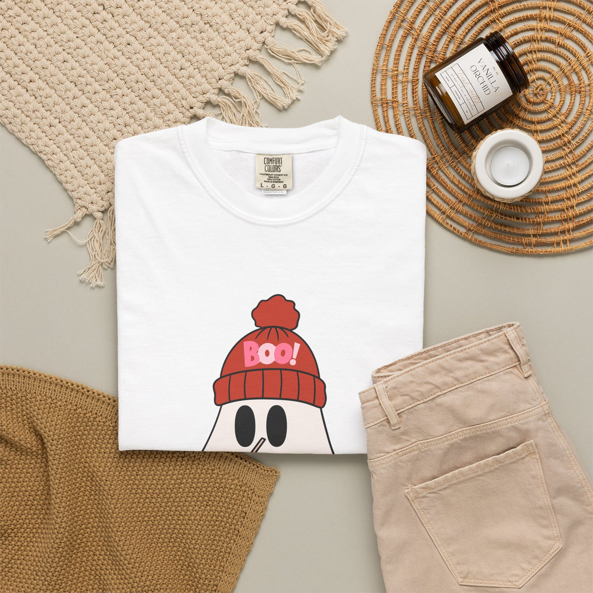 Cute Ghost Wearing BOO Beanie Halloween Comfort Colors T-shirt | Trick or Treat Pumpkin coffee Illustration