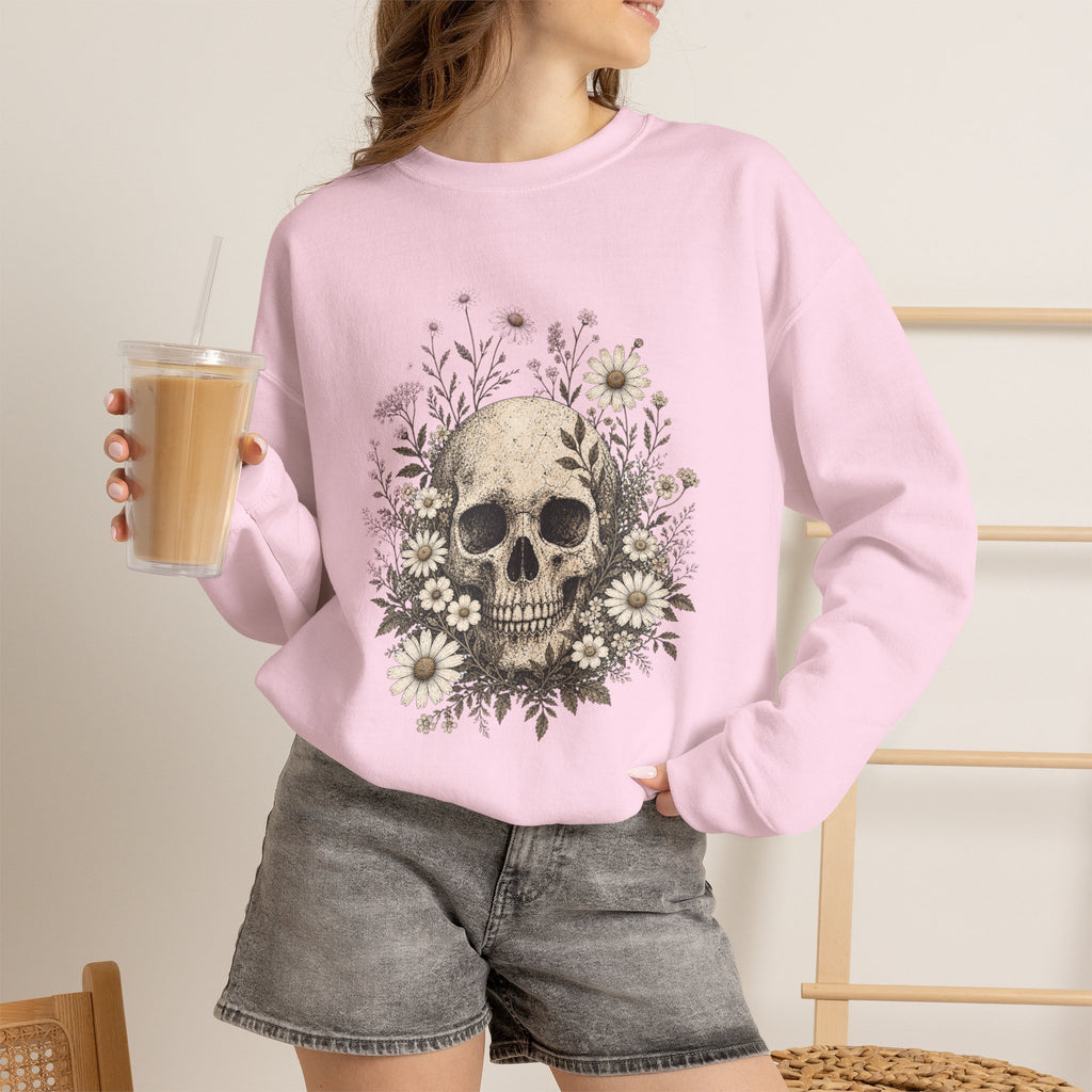 Skull with Daisies Crewneck Sweatshirt | Floral Fall Autumn Halloween Gothic Sweatshirt