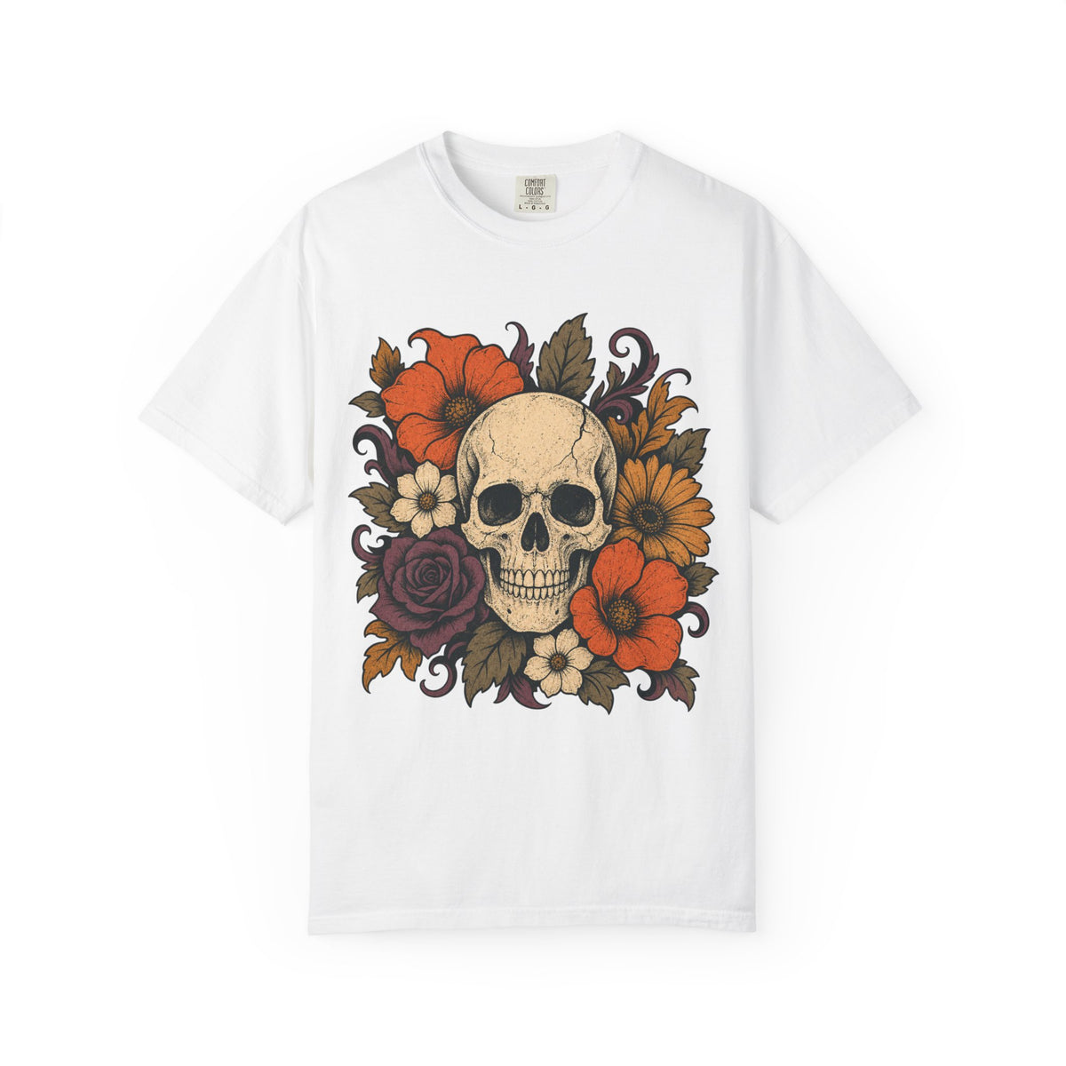 Skull with Autumn Flowers Comfort Colors T-shirt | Floral Skull Tee
