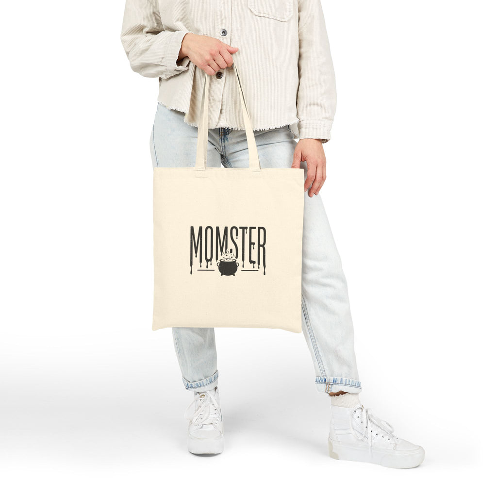 Momster Halloween Mom Tote | Cotton Canvas Tote, Spooky Bat Graphic, Distressed Lettering