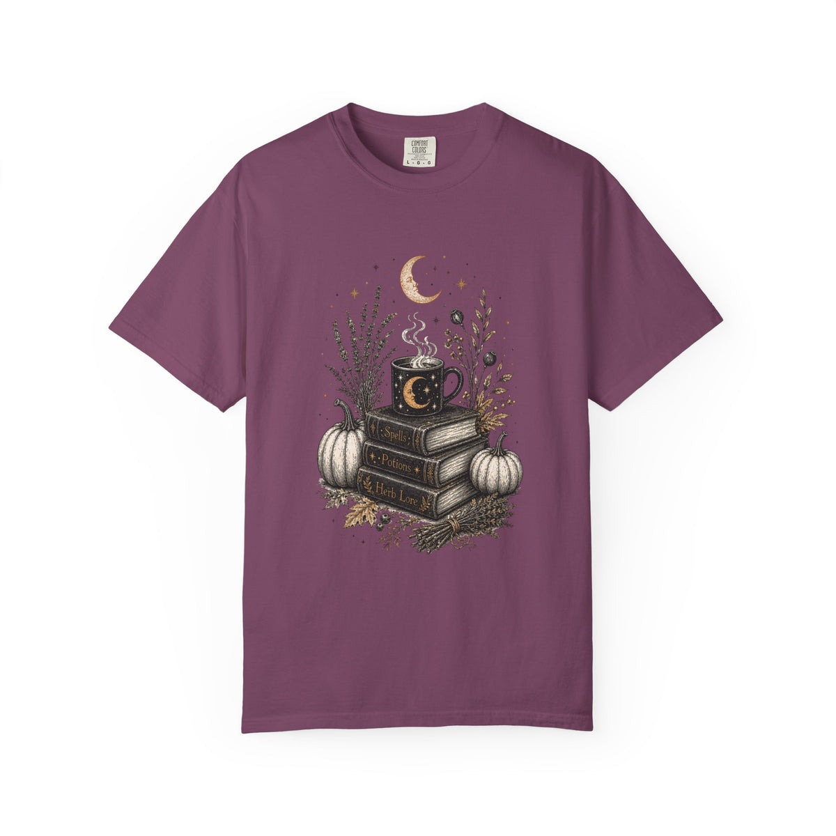 Cozy Fall Book Stack with Moon Coffee Mug T-shirt | Autumn Pumpkin Floral