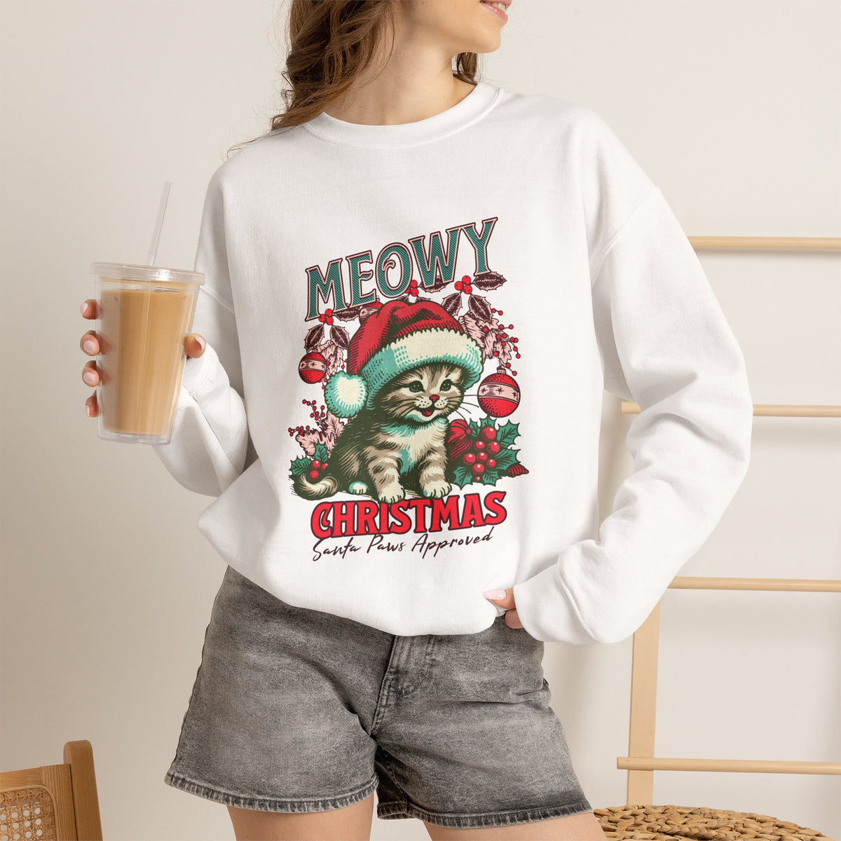 Meowy Christmas Cat Sweatshirt | Retro Holiday Kitty, Santa Hat, Ornaments