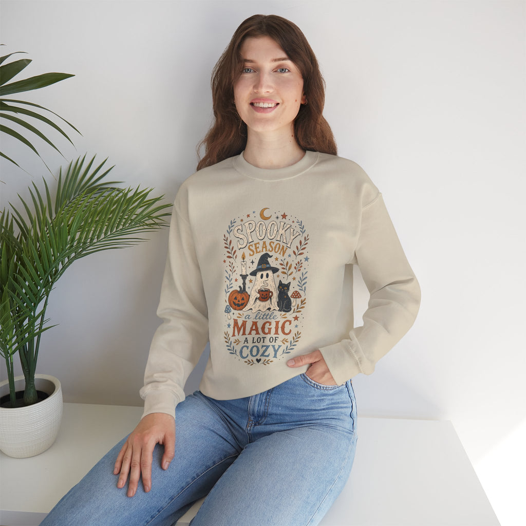 Spook Season Ghost with Witch Hat Cat Pumpkin Sweatshirt | Cozy Halloween Magic Autumn Botanicals
