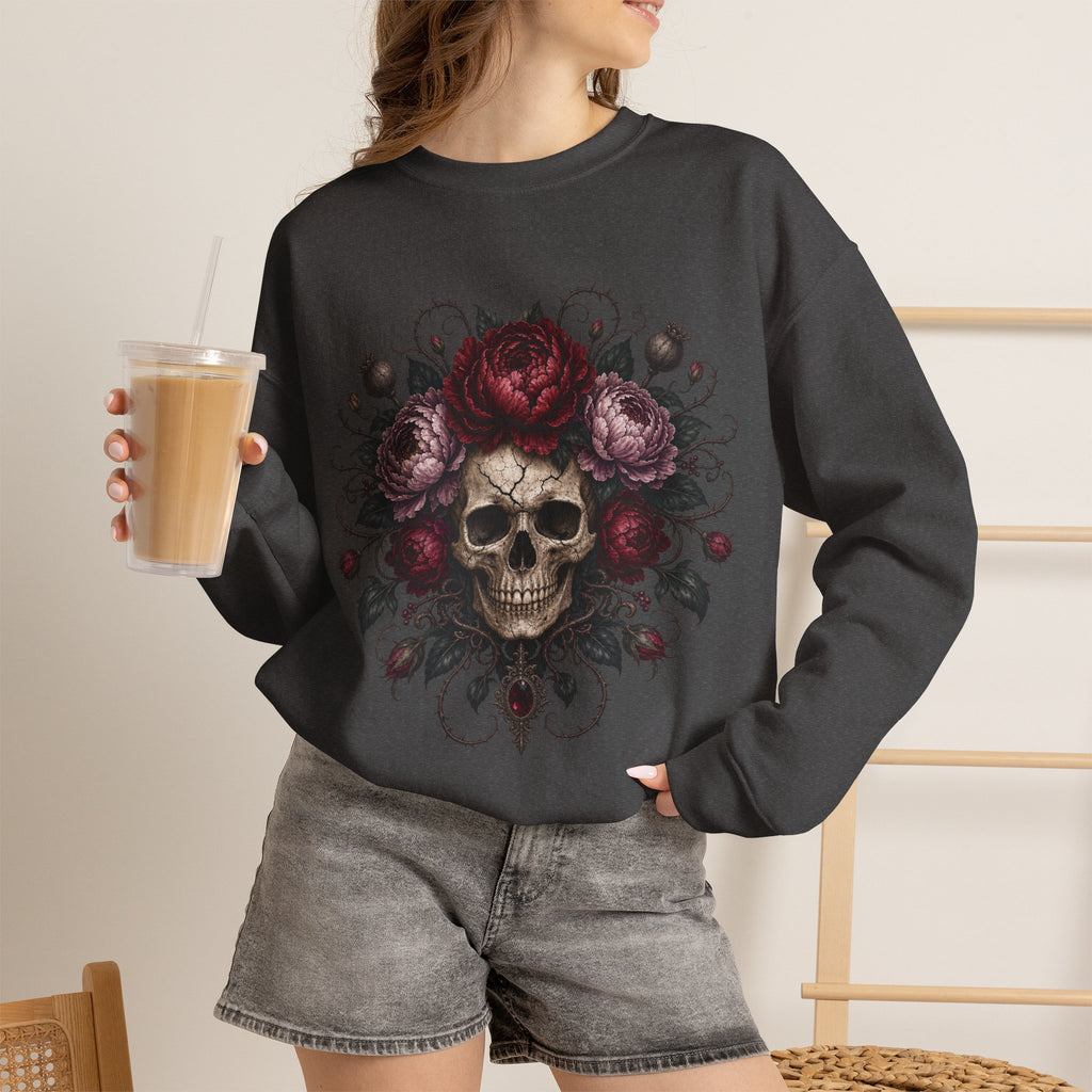 Floral Skull Crewneck Sweatshirt | Gothic Rose Skull Design