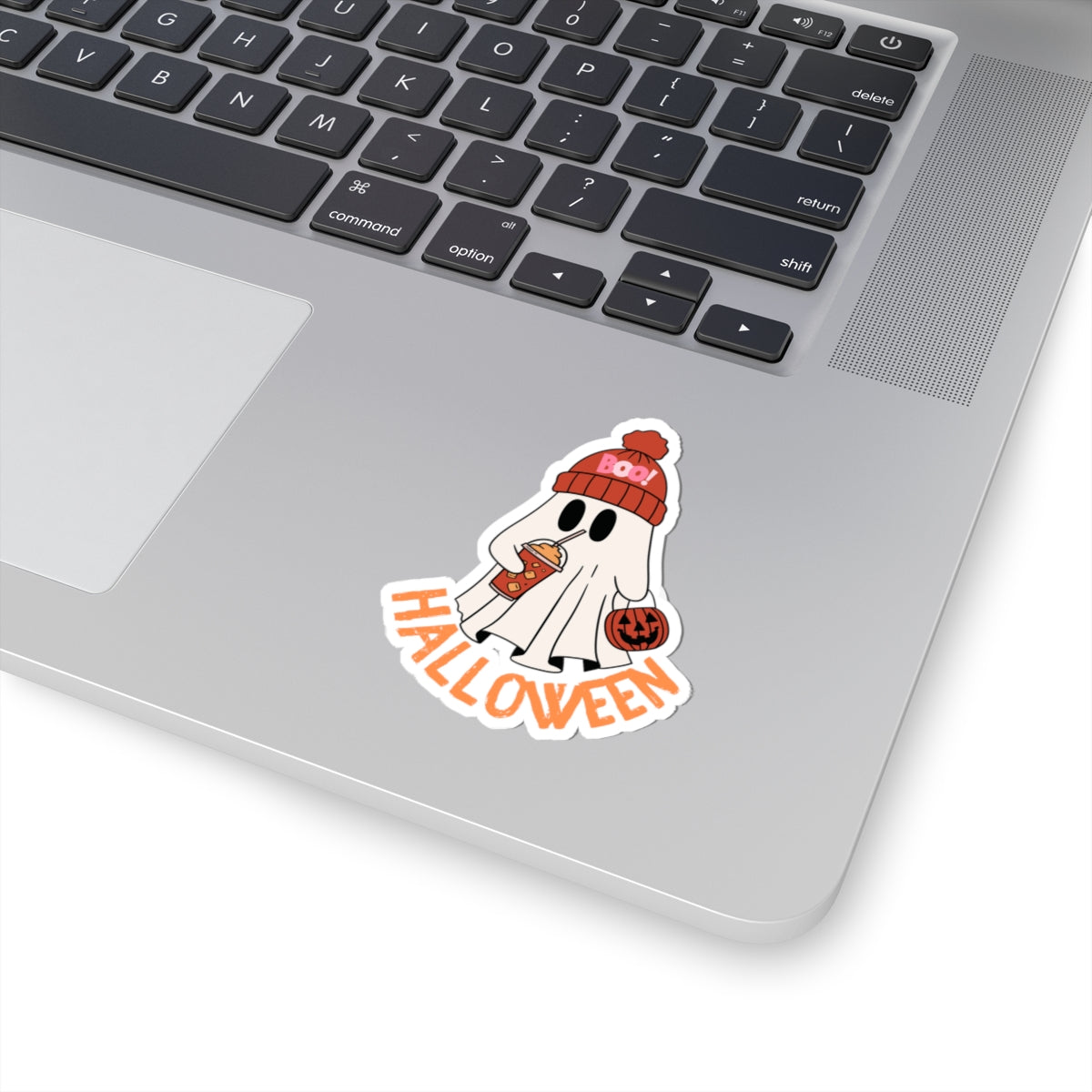 Cute Ghost with Pumpkin and Drink Sticker | Halloween Kiss-Cut Sticker