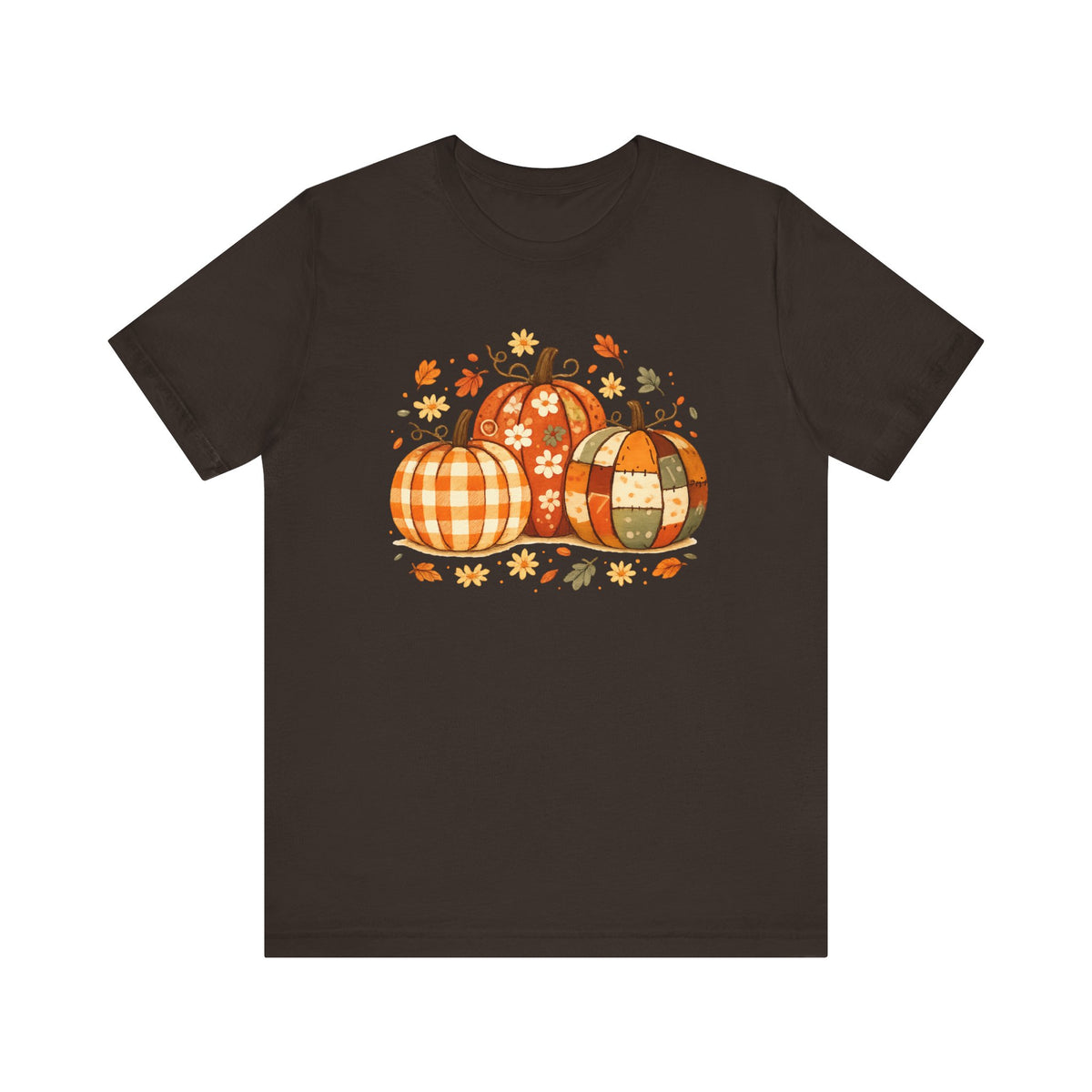 Plaid Patchwork Pumpkins T-Shirt | Fall Autumn Leaves Thanksgiving Tee