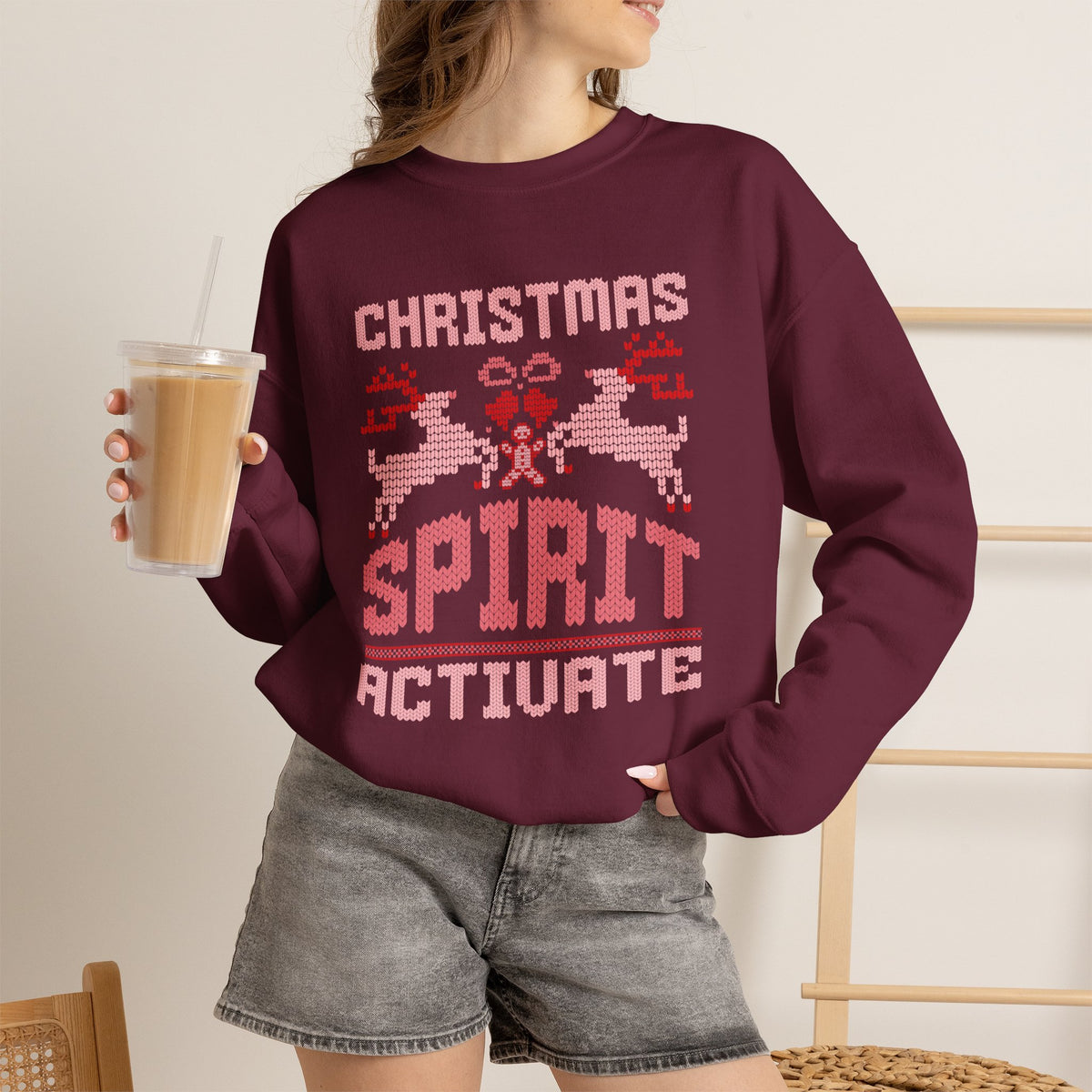 Christmas Sweatshirt Retro Pixel Reindeer Design | Christmas Spirit Activate Crewneck