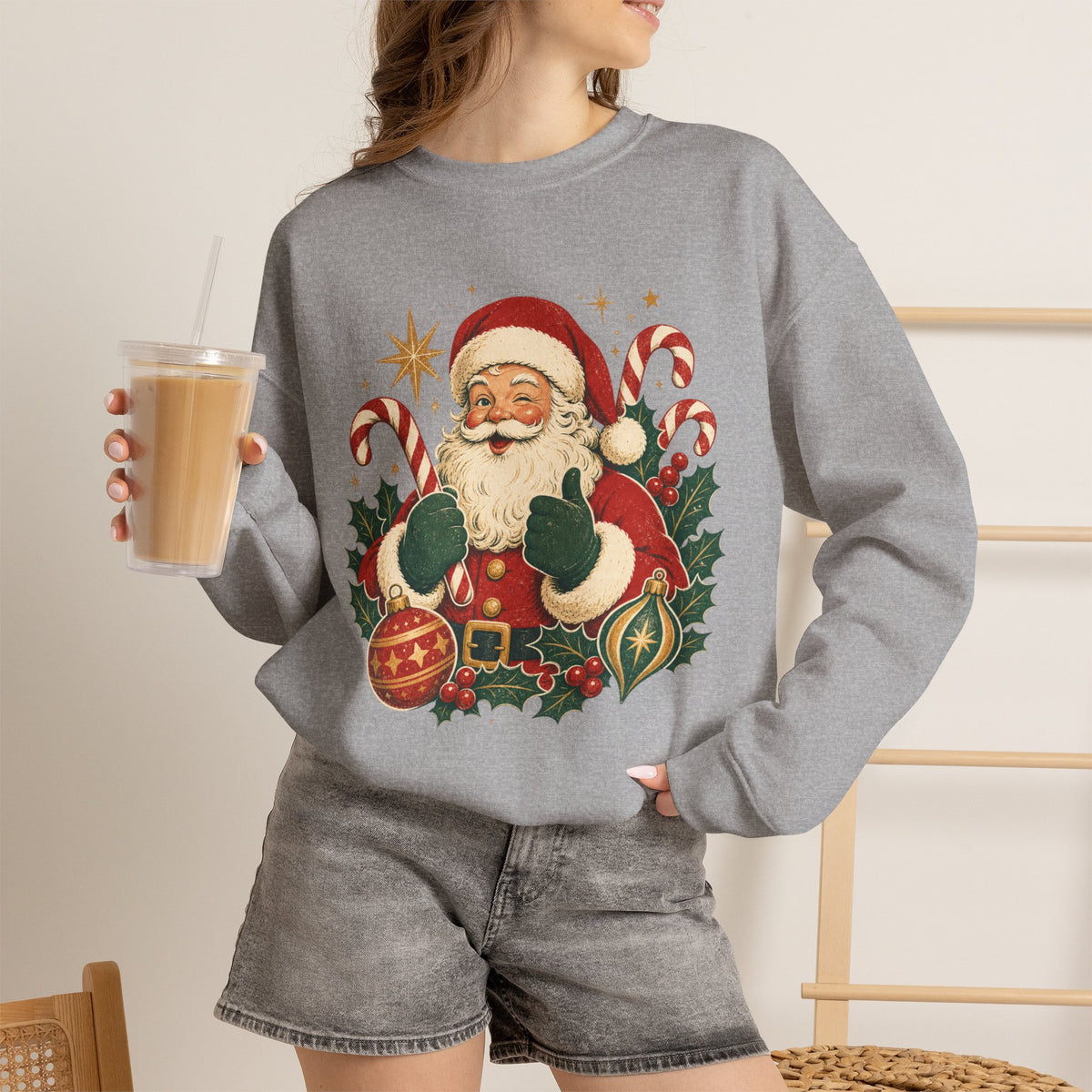 Vintage Santa Claus sweatshirt | Retro Christmas Santa, candy canes & ornaments