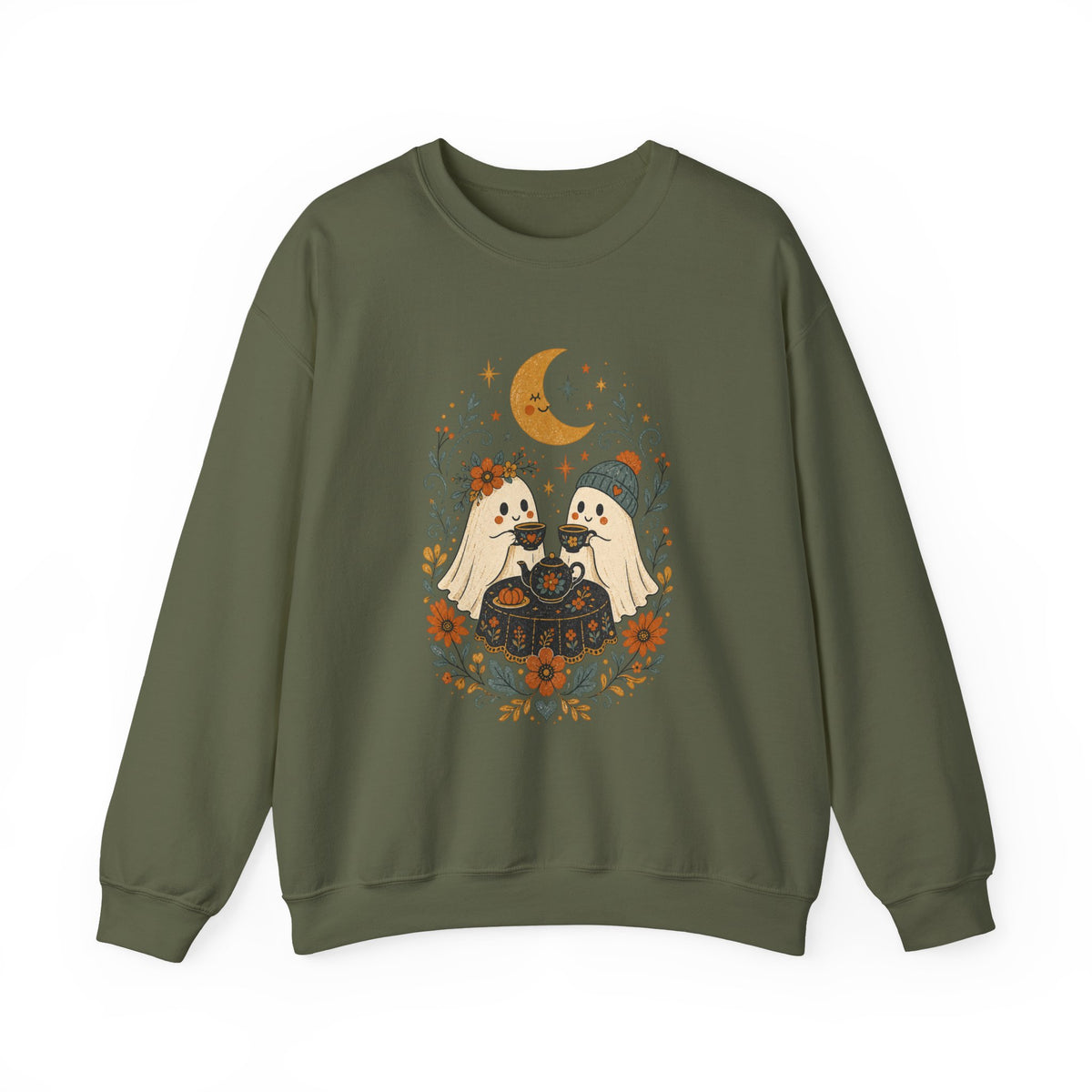Autumn Cute Halloween Ghost Couple Sweatshirt | Moon Fall Floral Illustration