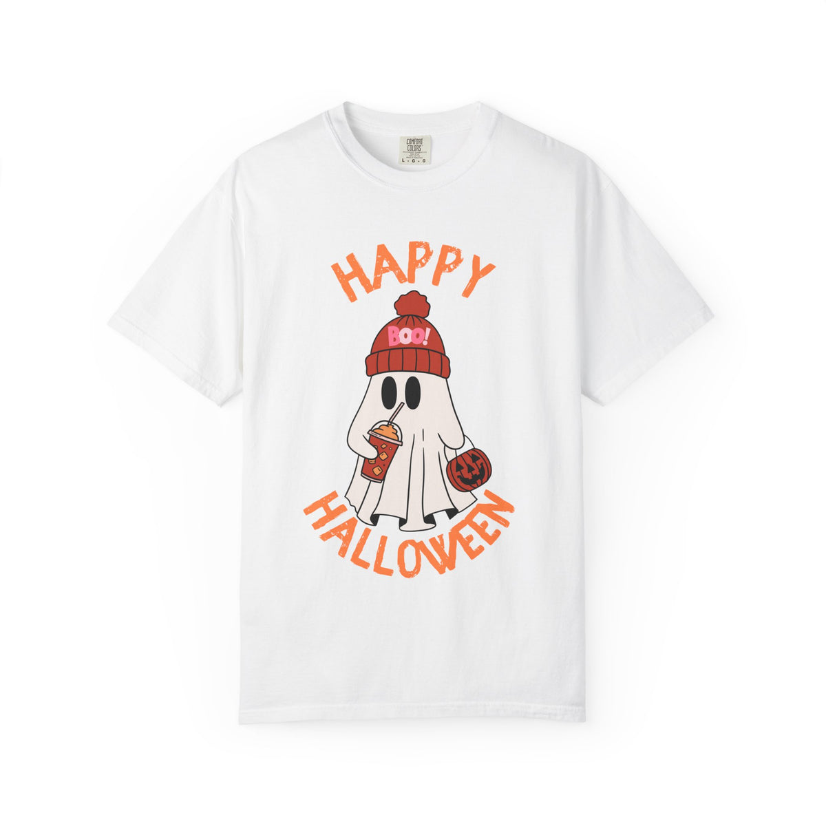 Cute Ghost in Beanie Happy Halloween Comfort Colors T-Shirt | Trick-or-Treat Tee