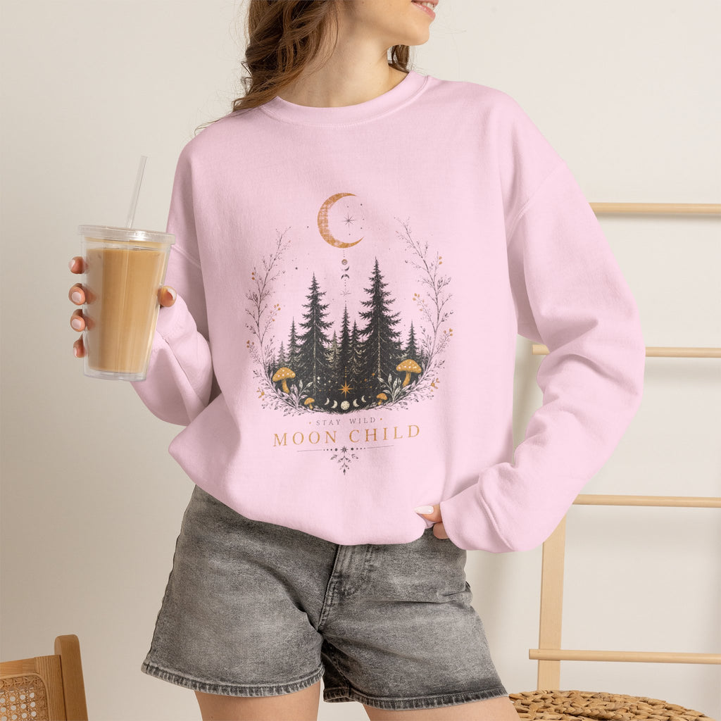 Moon Child forest moon sweatshirt | woodland trees mushrooms crescent moon