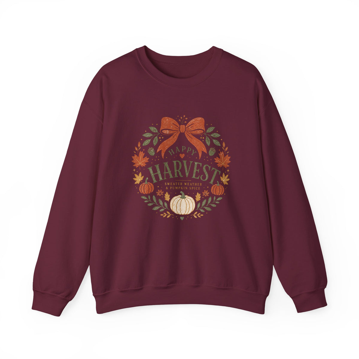 Happy Harvest wreath Crewneck sweatshirt | Fall pumpkin leaves bow