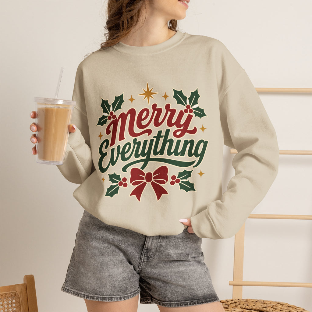 Merry Everything Christmas Sweatshirt | Holiday Script Holly Bow Crewneck