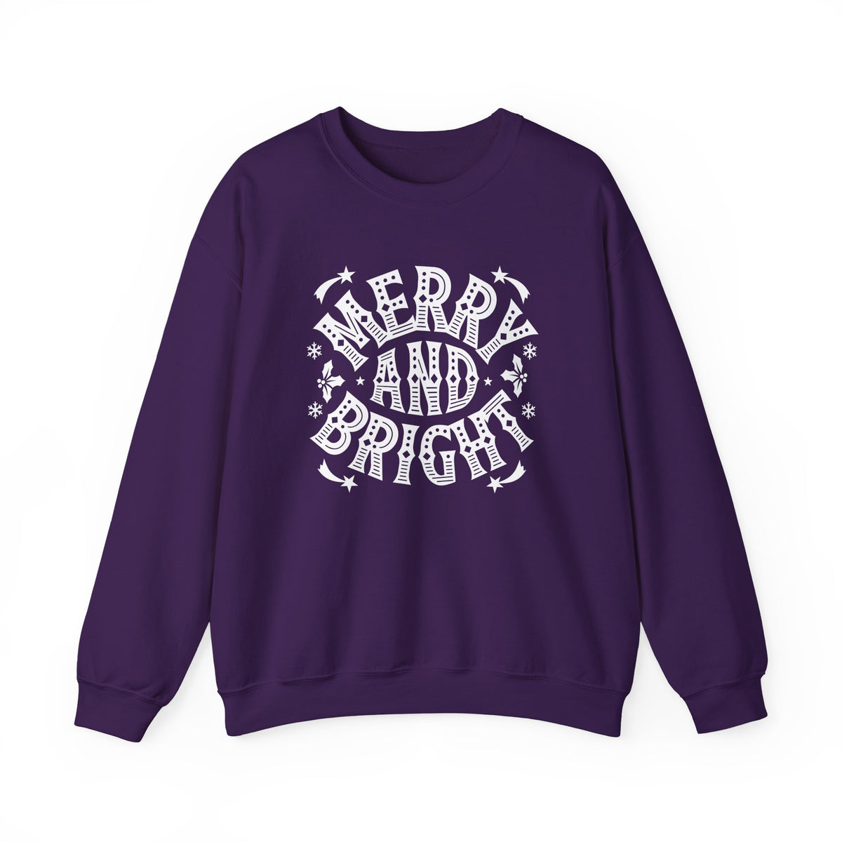 Christmas Sweatshirt Merry and Bright | Vintage Style Typography Holiday Crewneck Snowflakes Stars