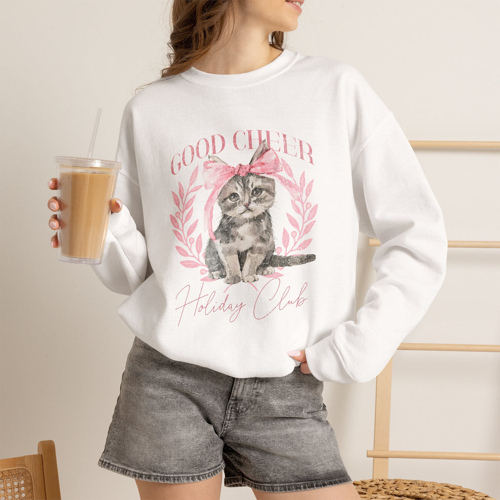 Christmas Kitten Sweatshirt | Cute Cat Illustration, Good Cheer Holiday Club Pink Coquette Style