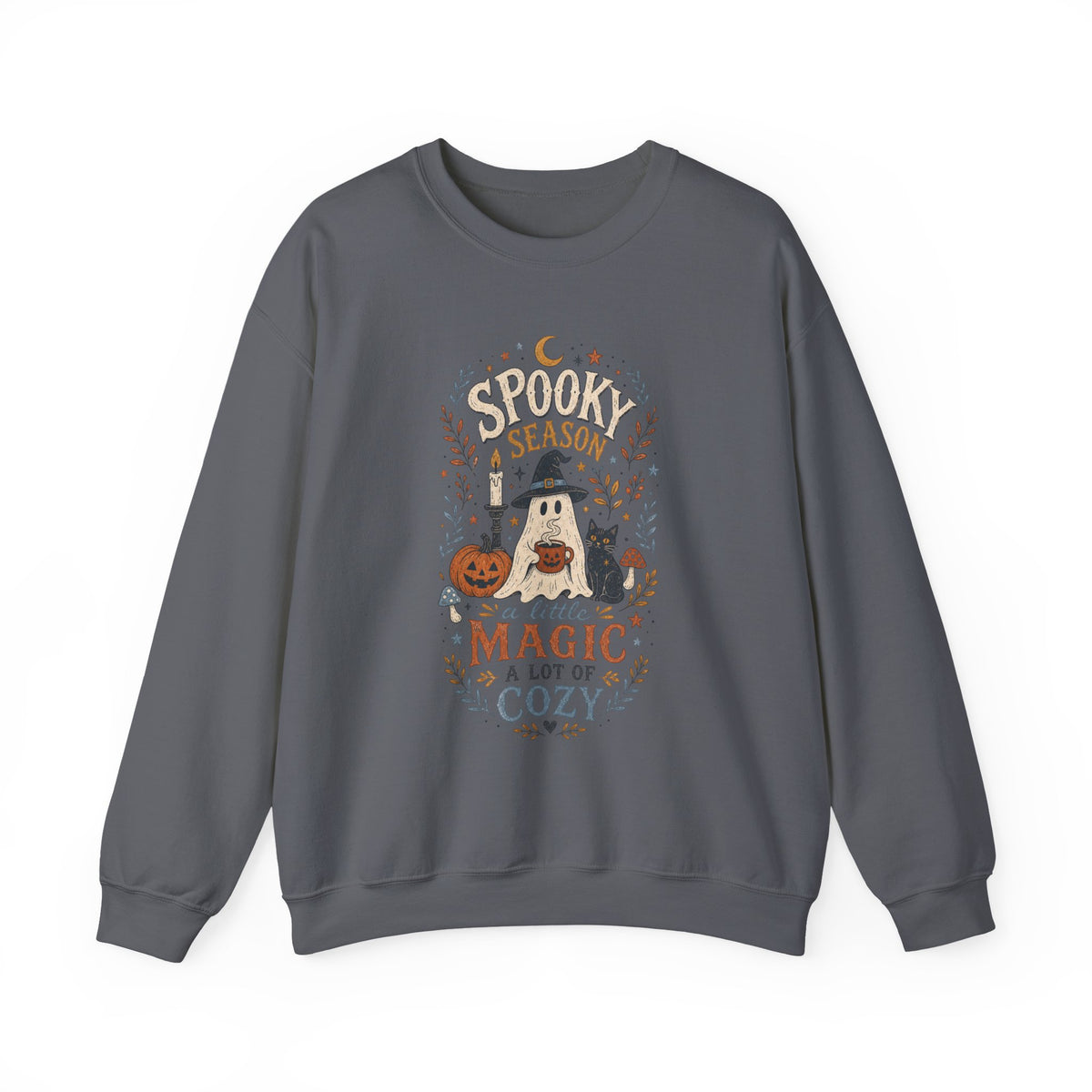 Spook Season Ghost with Witch Hat Cat Pumpkin Sweatshirt | Cozy Halloween Magic Autumn Botanicals