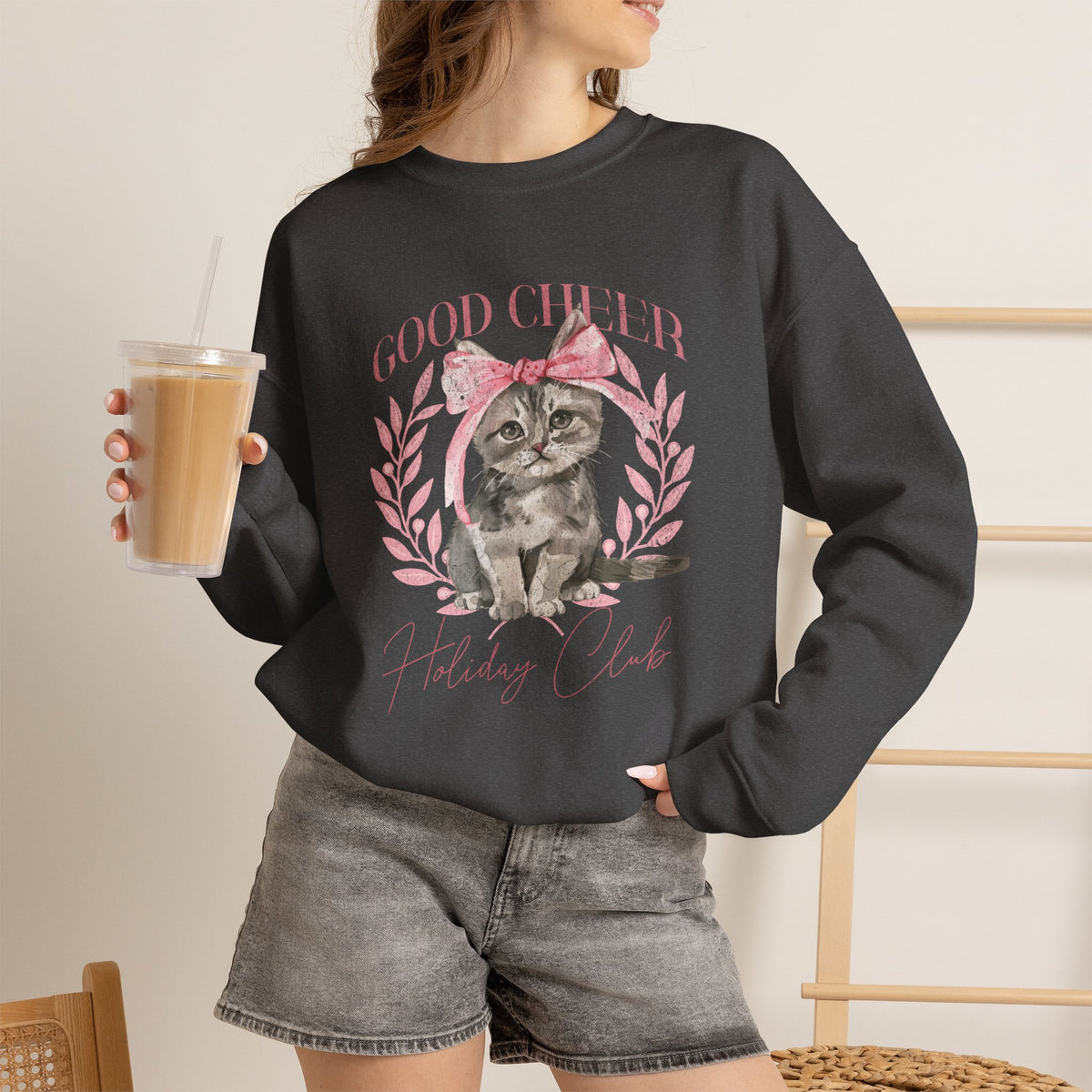 Christmas Kitten Sweatshirt | Cute Cat Illustration, Good Cheer Holiday Club Pink Coquette Style