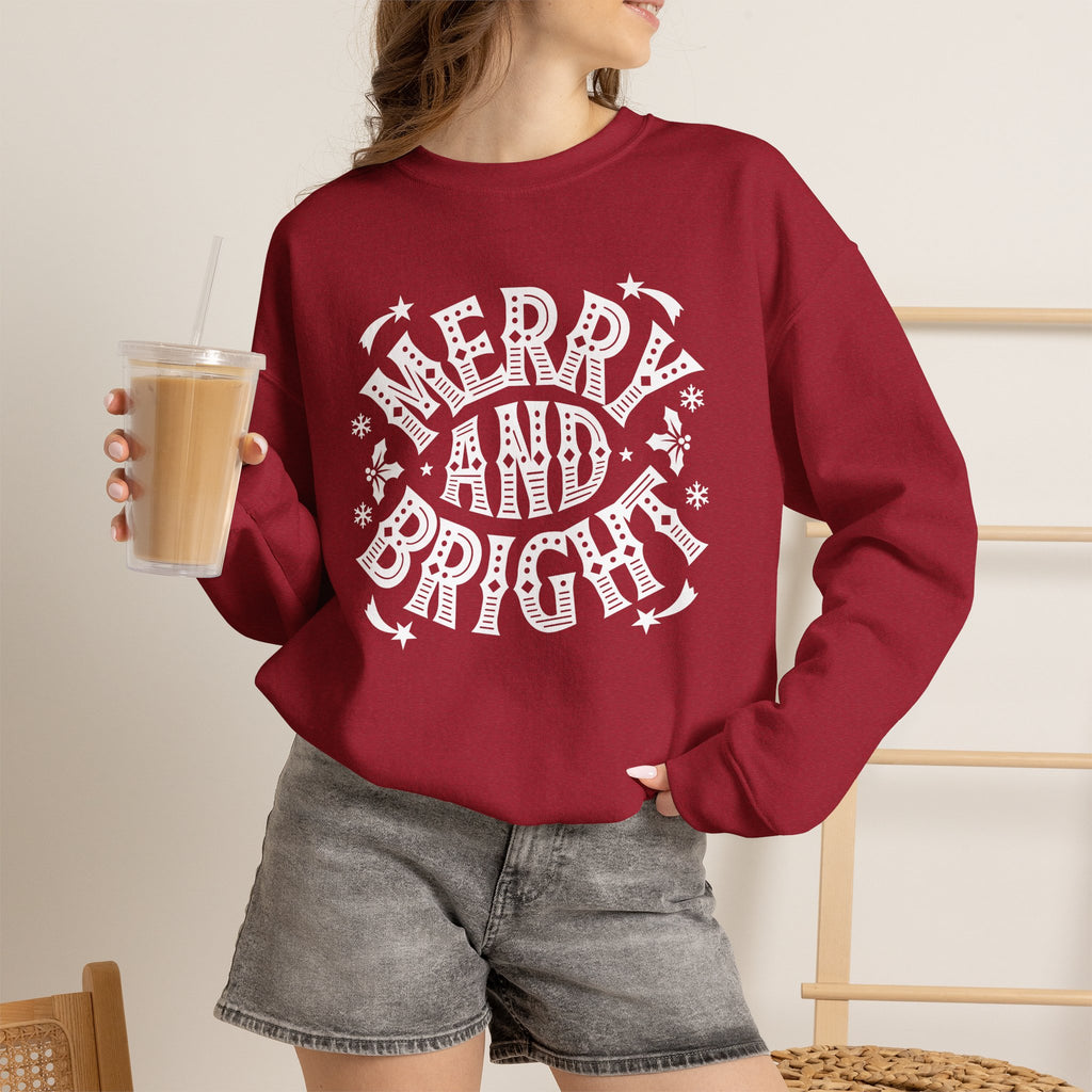 Christmas Sweatshirt Merry and Bright | Vintage Style Typography Holiday Crewneck Snowflakes Stars