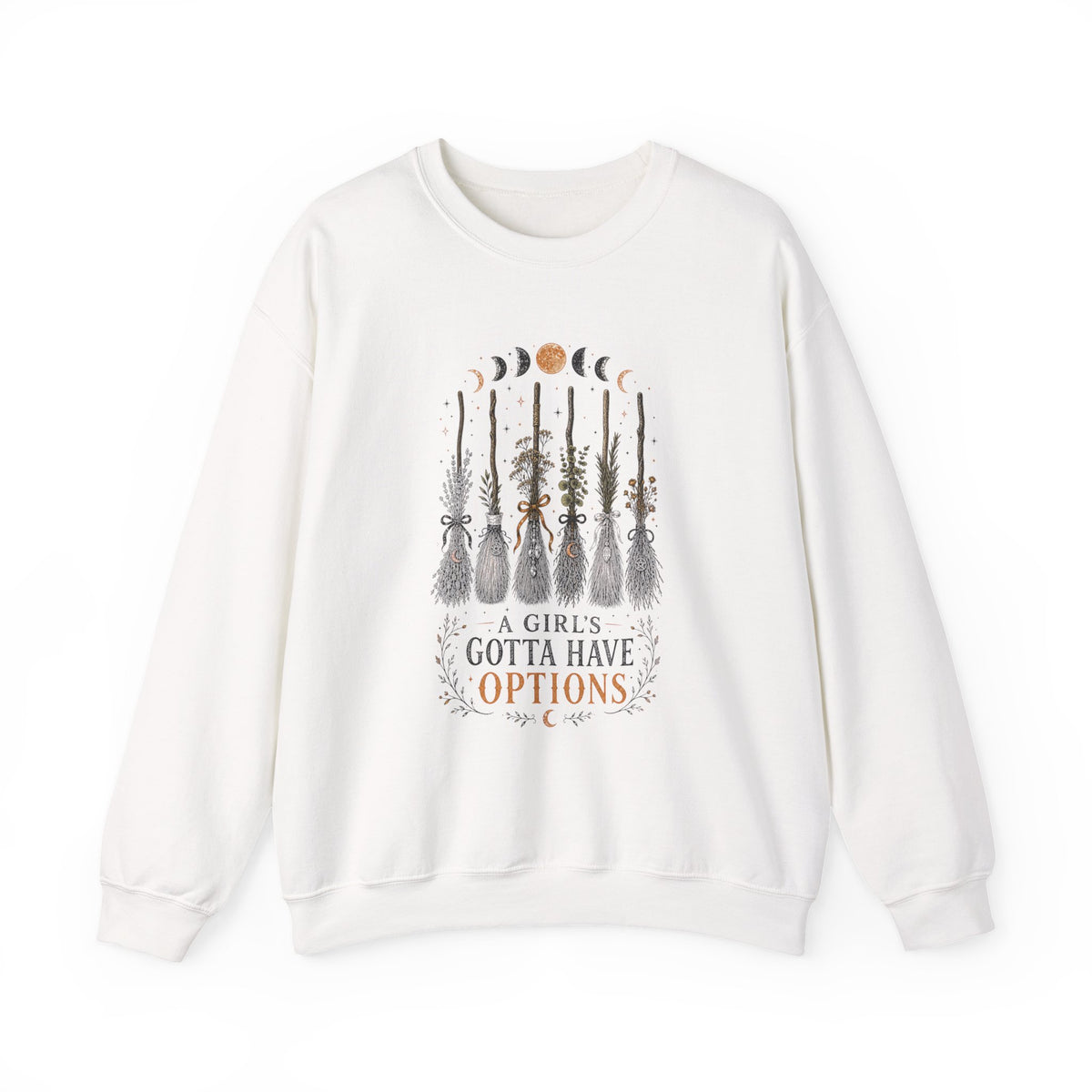 Witch Brooms & Moon Phases Crewneck Sweatshirt | A Girl's Gotta Have Options