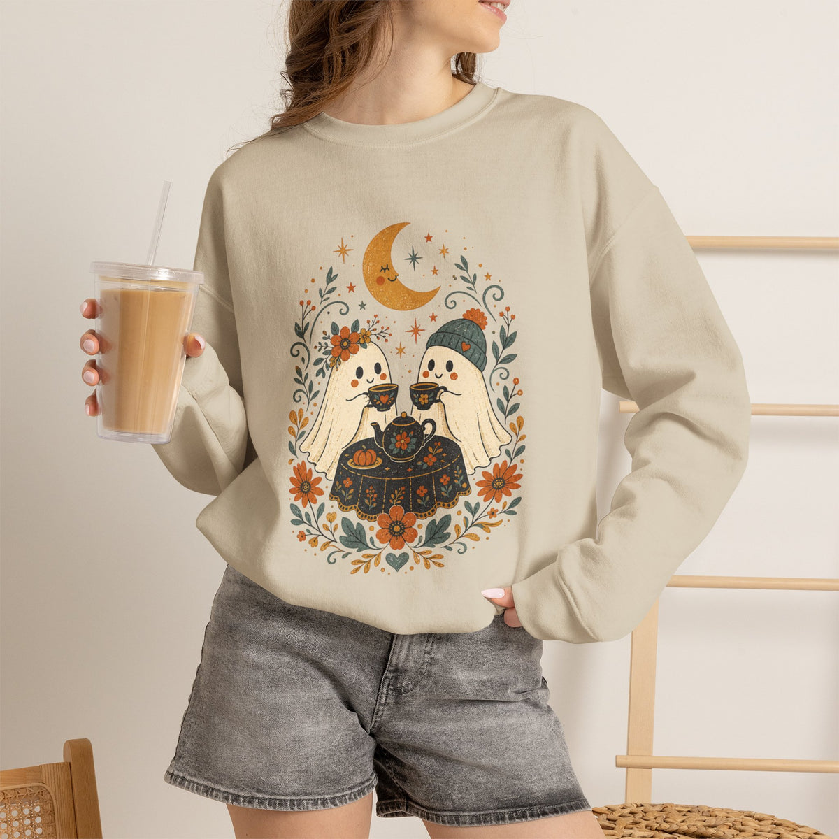 Autumn Cute Halloween Ghost Couple Sweatshirt | Moon Fall Floral Illustration
