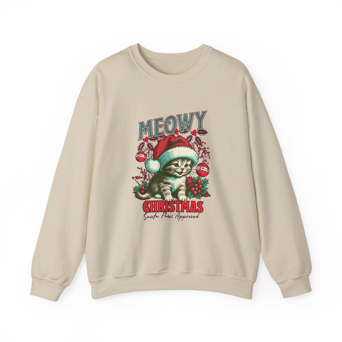 Meowy Christmas Cat Sweatshirt | Retro Holiday Kitty, Santa Hat, Ornaments