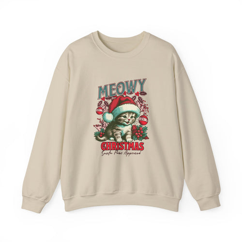 Christmas Sweatshirt Cat| Retro Holiday Kitty, Santa Hat, Ornaments Meowy Christmas