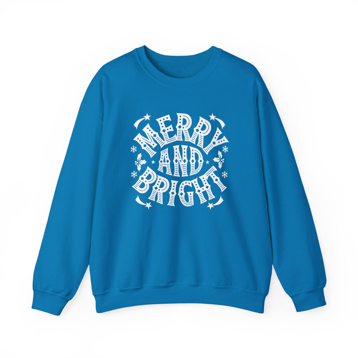 Christmas Sweatshirt Merry and Bright | Vintage Style Typography Holiday Crewneck Snowflakes Stars