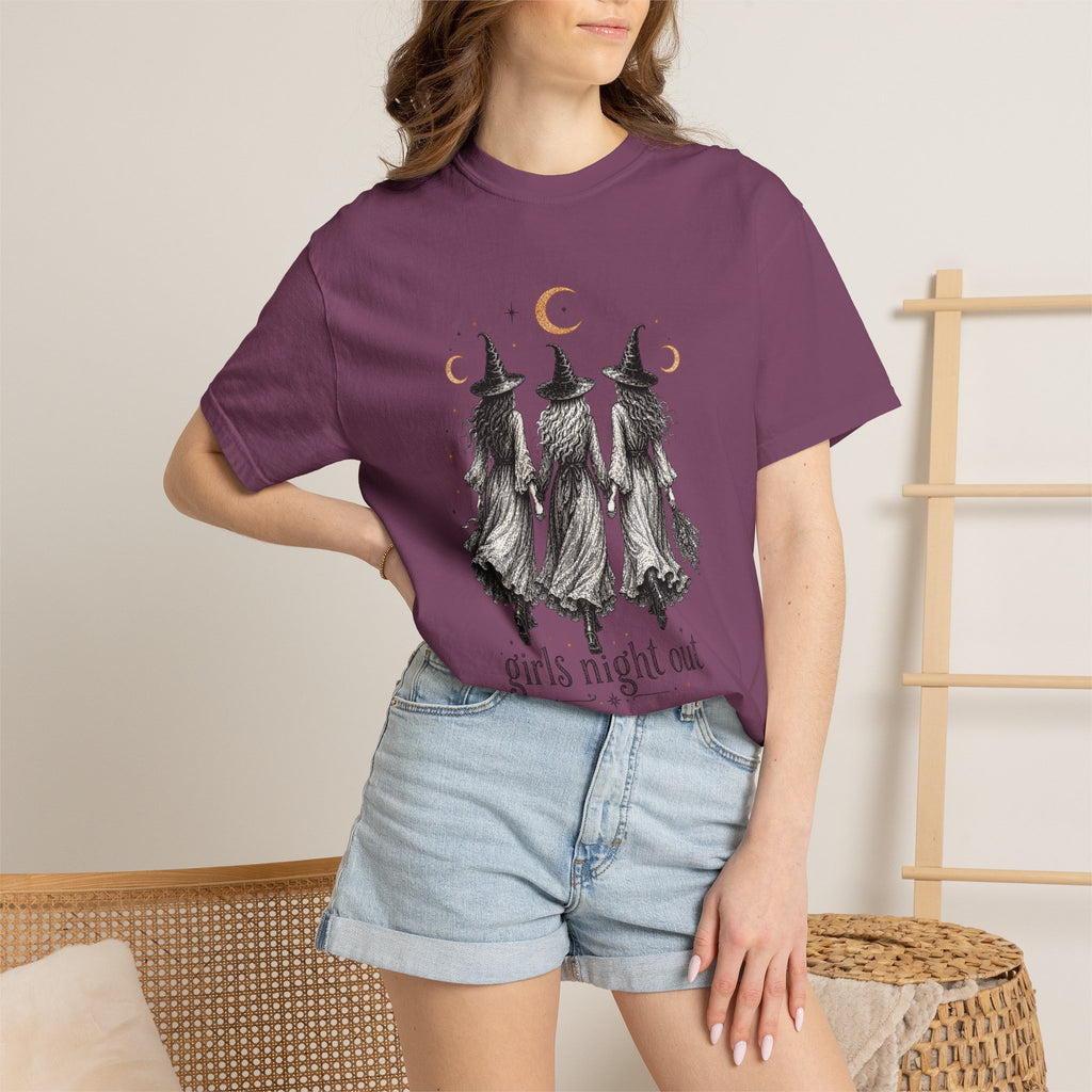 Girls Night Out witches Comfort Colors T-shirt | Halloween witch trio moon design