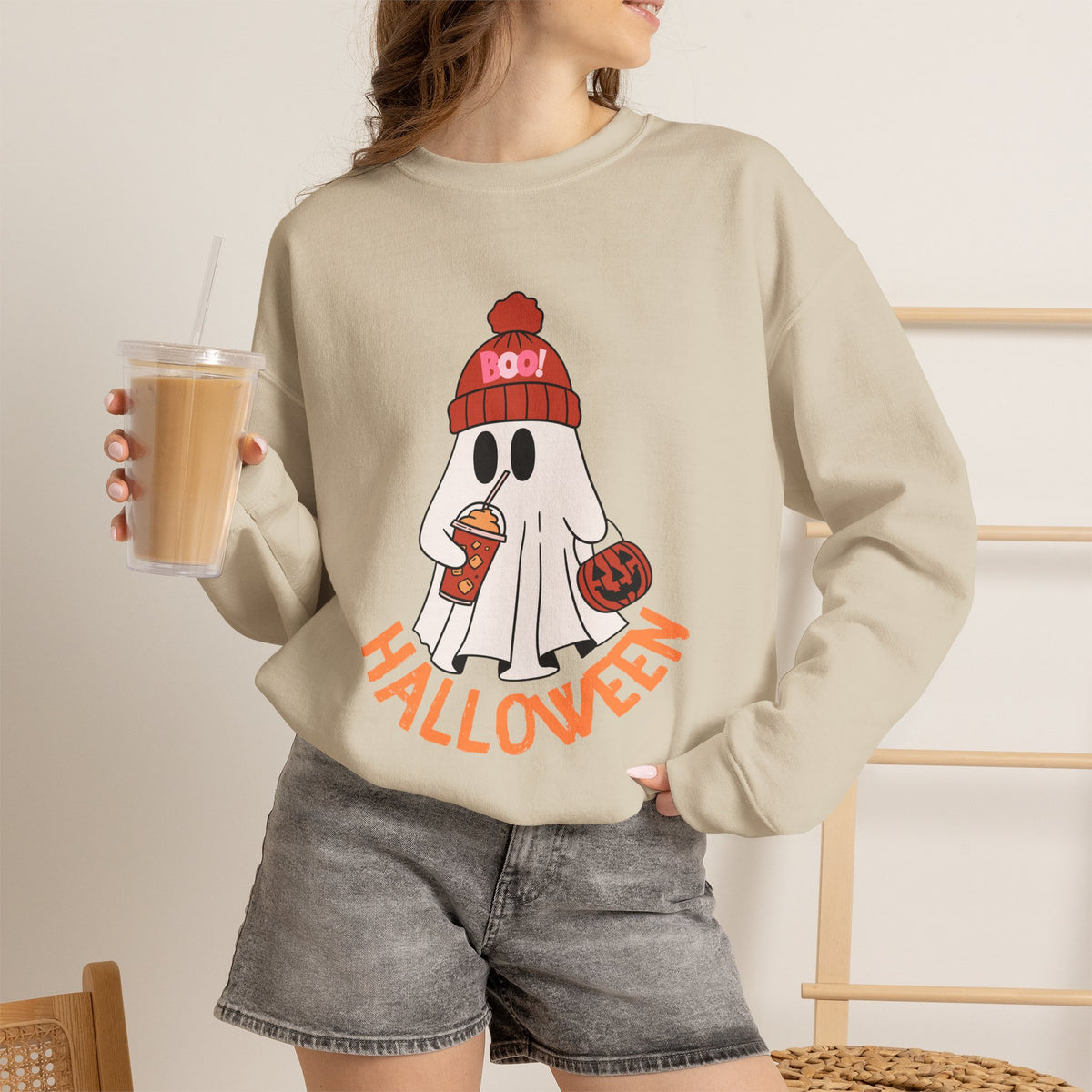 Cute Ghost wearing BOO beanie with iced coffee and trick or treat pumpkin Halloween Sweatshirt