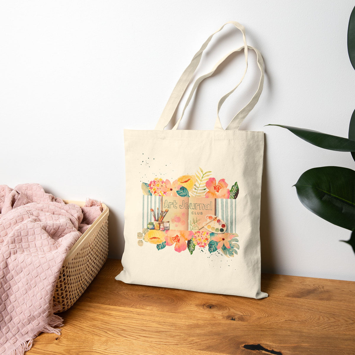 Floral Watercolor Art Journal Club tote | Watercolor Botanical Canvas Tote Bag