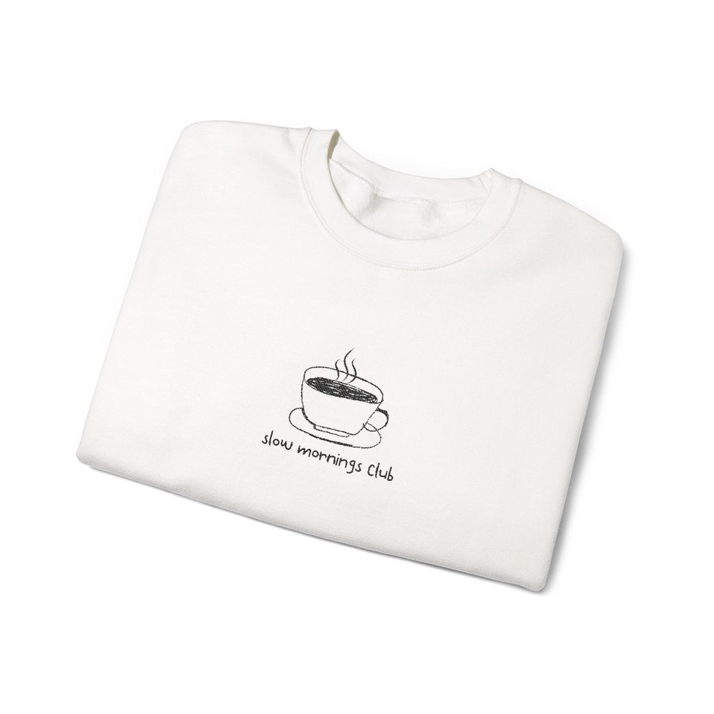 Embroidered Sweatshirt Coffee Mug | Hand-Drawn Coffee Cup Slow Mornings Club Crewneck Minimalist Design