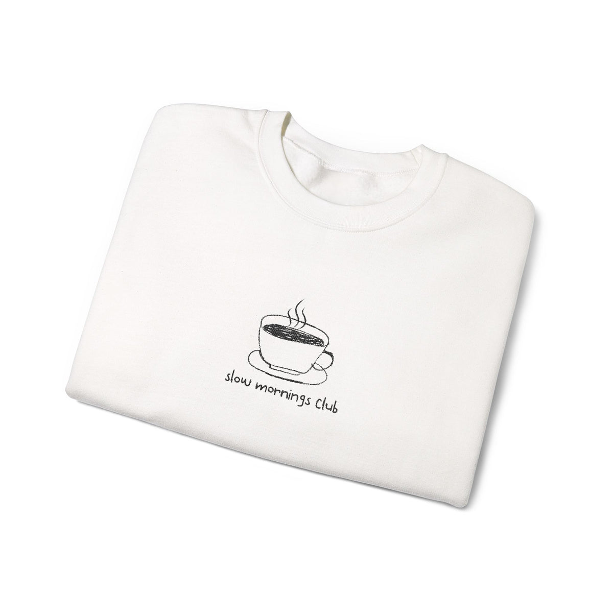 Embroidered Sweatshirt Coffee Mug | Hand-Drawn Coffee Cup Slow Mornings Club Crewneck Minimalist Design