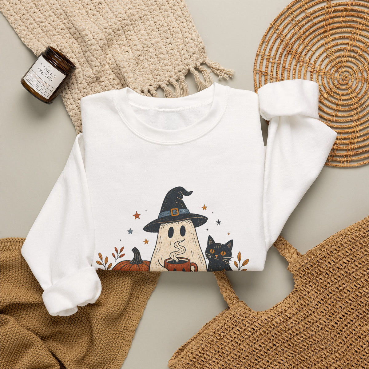 Cute Ghost with Witch Hat Sweatshirt | Halloween Pumpkin Black Cat Crewneck