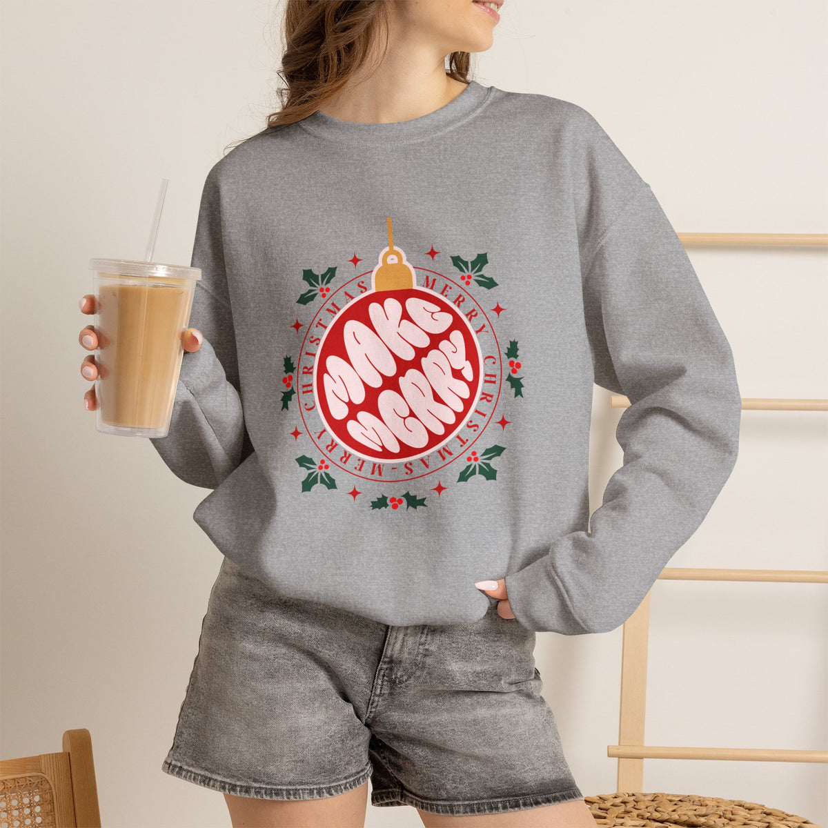 Christmas Sweatshirt Make Merry ornament design | Merry Christmas holly wreath, festive typography