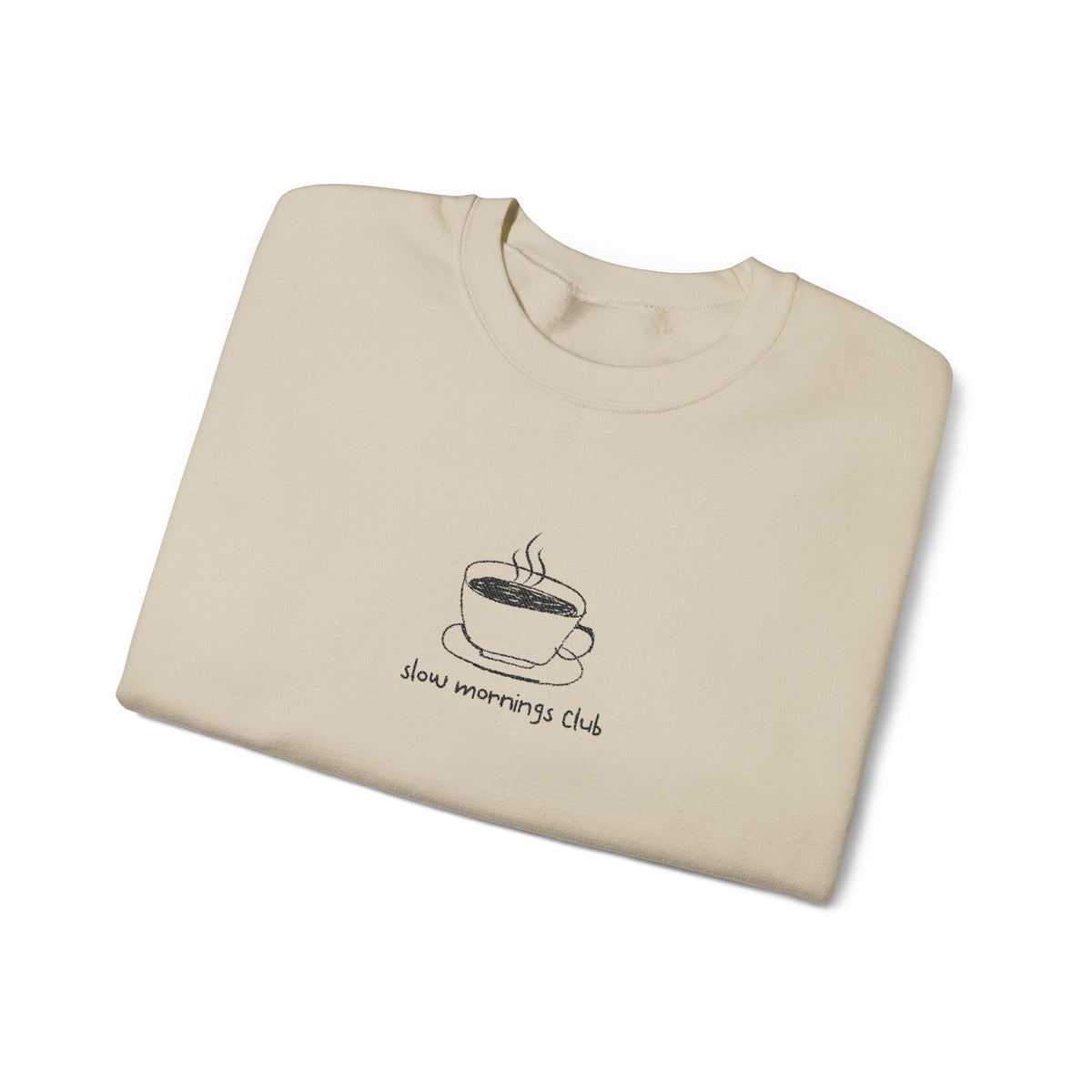 Embroidered Sweatshirt Coffee Mug | Hand-Drawn Coffee Cup Slow Mornings Club Crewneck Minimalist Design