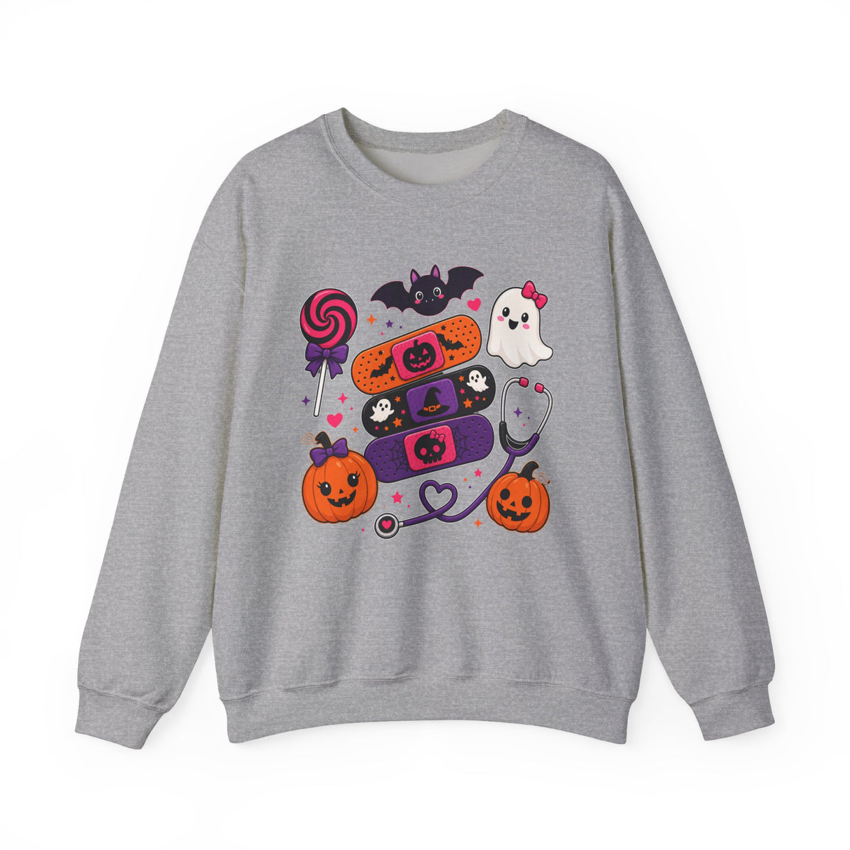Nurse Halloween Sweatshirt Pediatrics Candy Bandaids Stethoscope Pumpkin Ghosts Bat | Medical Cute
