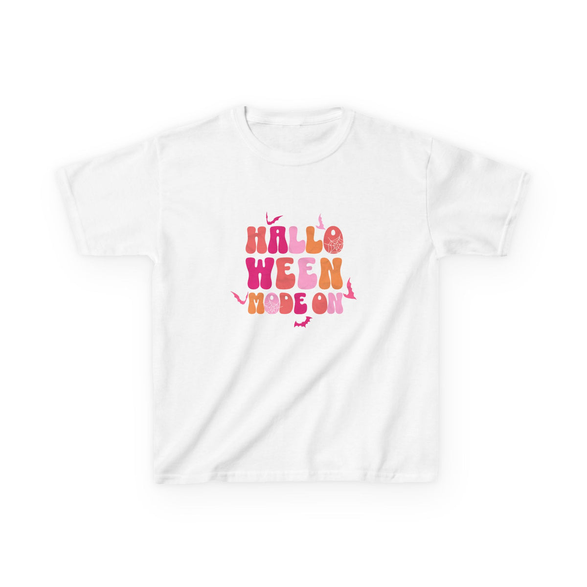 Halloween Vibes Kids Tee | groovy pumpkin lettering, pink orange retro