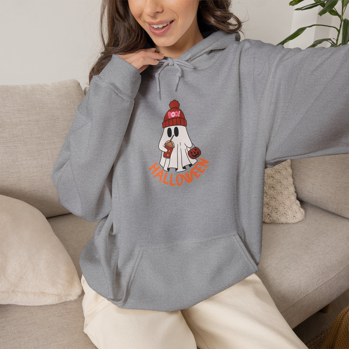 Cute Ghost in Beanie Halloween Hoodie | Retro Boo Cool coffee drinking trick or treat Pumpkin Design