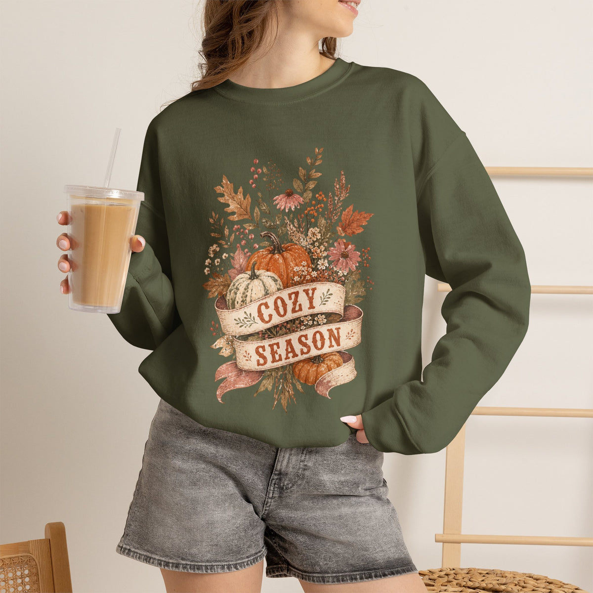 Cozy Season Fall Pumpkin Floral Crewneck Sweatshirt | Autumn Sweater