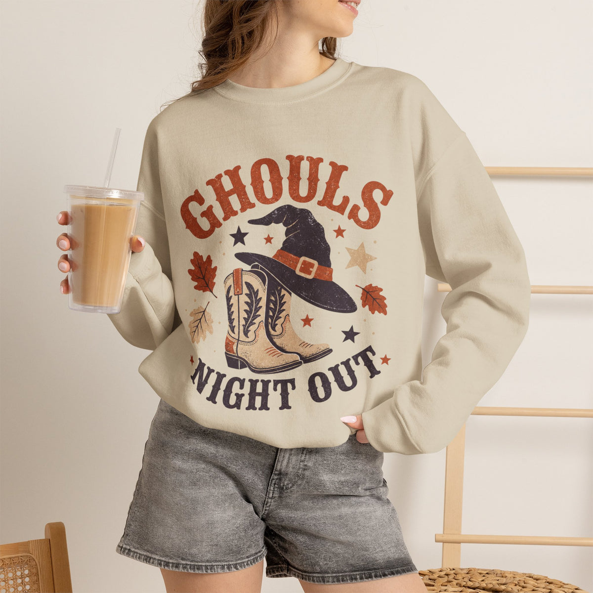 Ghouls Night Out Sweatshirt | Witch Hat & Western Cowboy Boots Halloween Crewneck