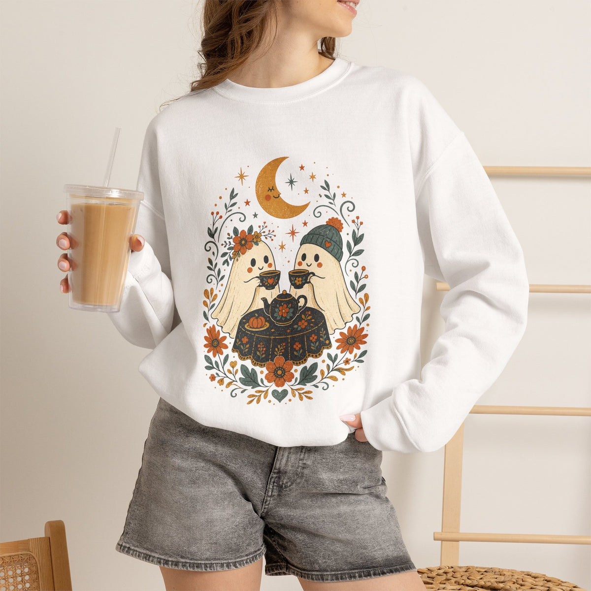 Autumn Cute Halloween Ghost Couple Sweatshirt | Moon Fall Floral Illustration