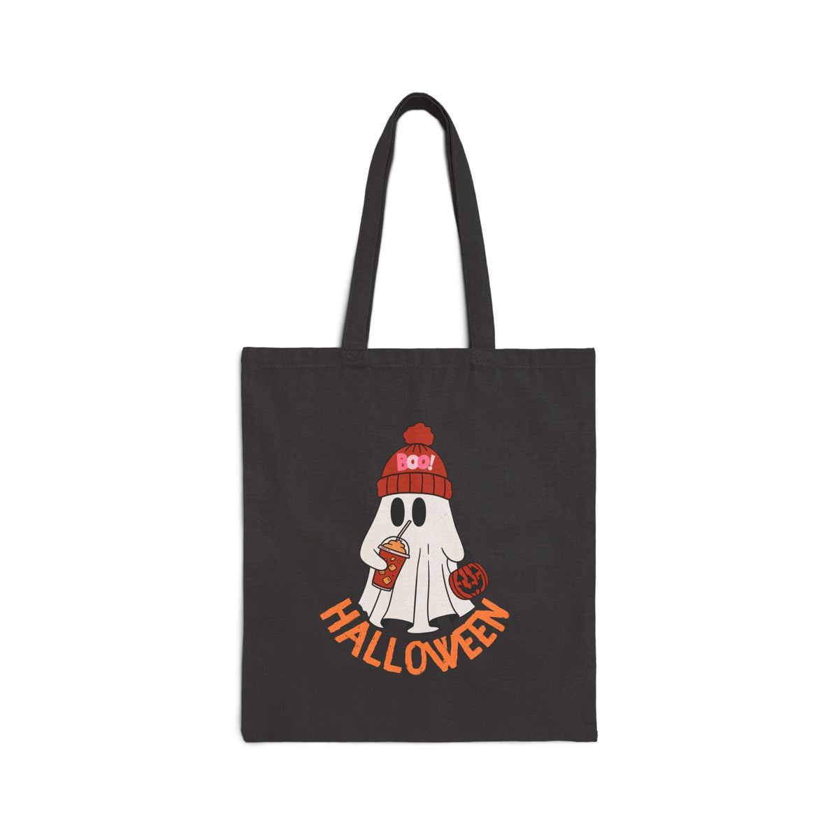 Cute Ghost with Beanie Halloween Tote Bag | Trick-or-Treat Pumpkin