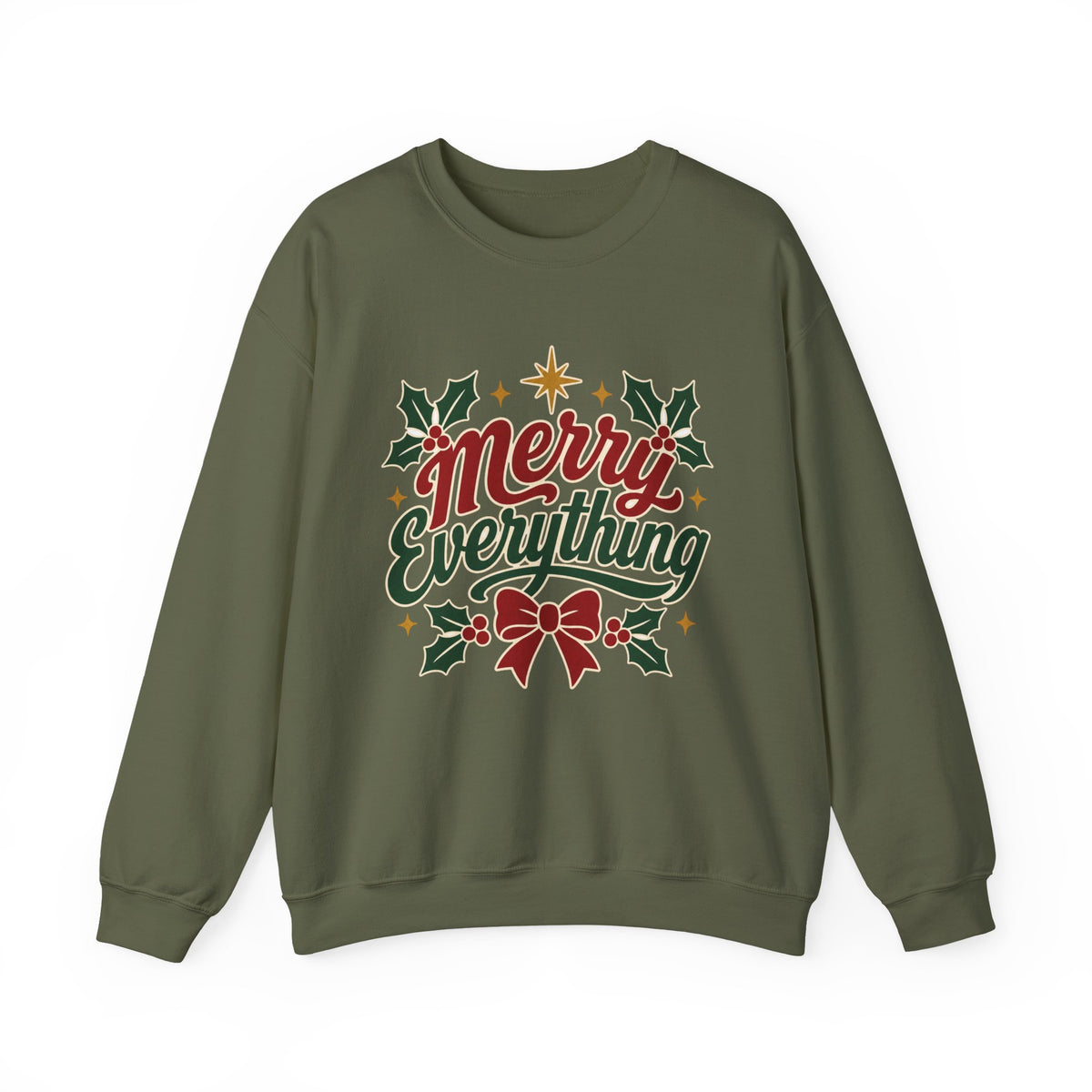 Merry Everything Christmas Sweatshirt | Holiday Script Holly Bow Crewneck
